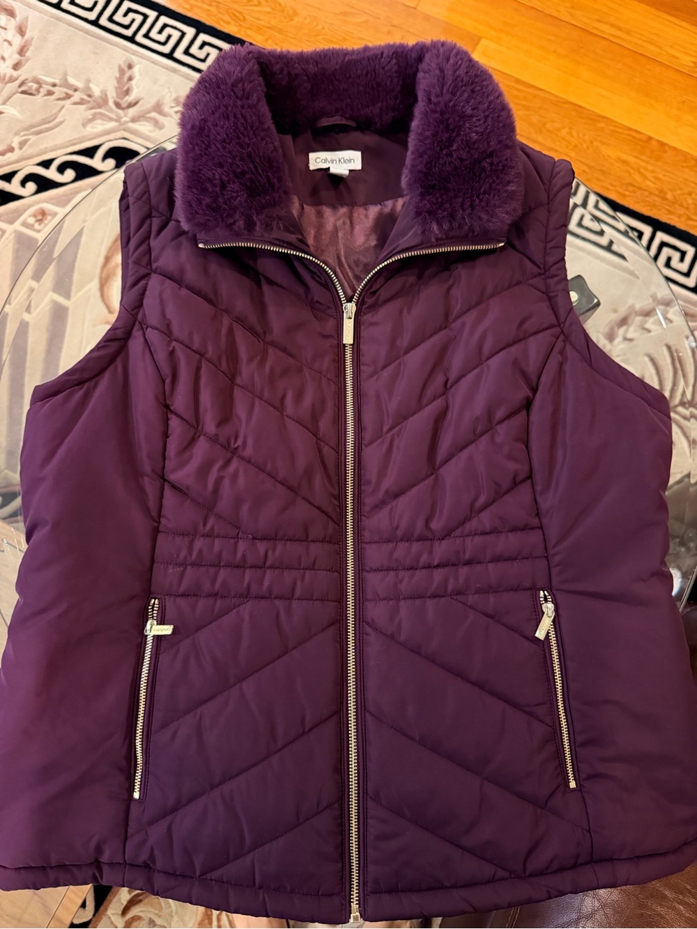 Calvin Klein Deep Purple Quilted Puffer Vest with Faux-Fur Collar